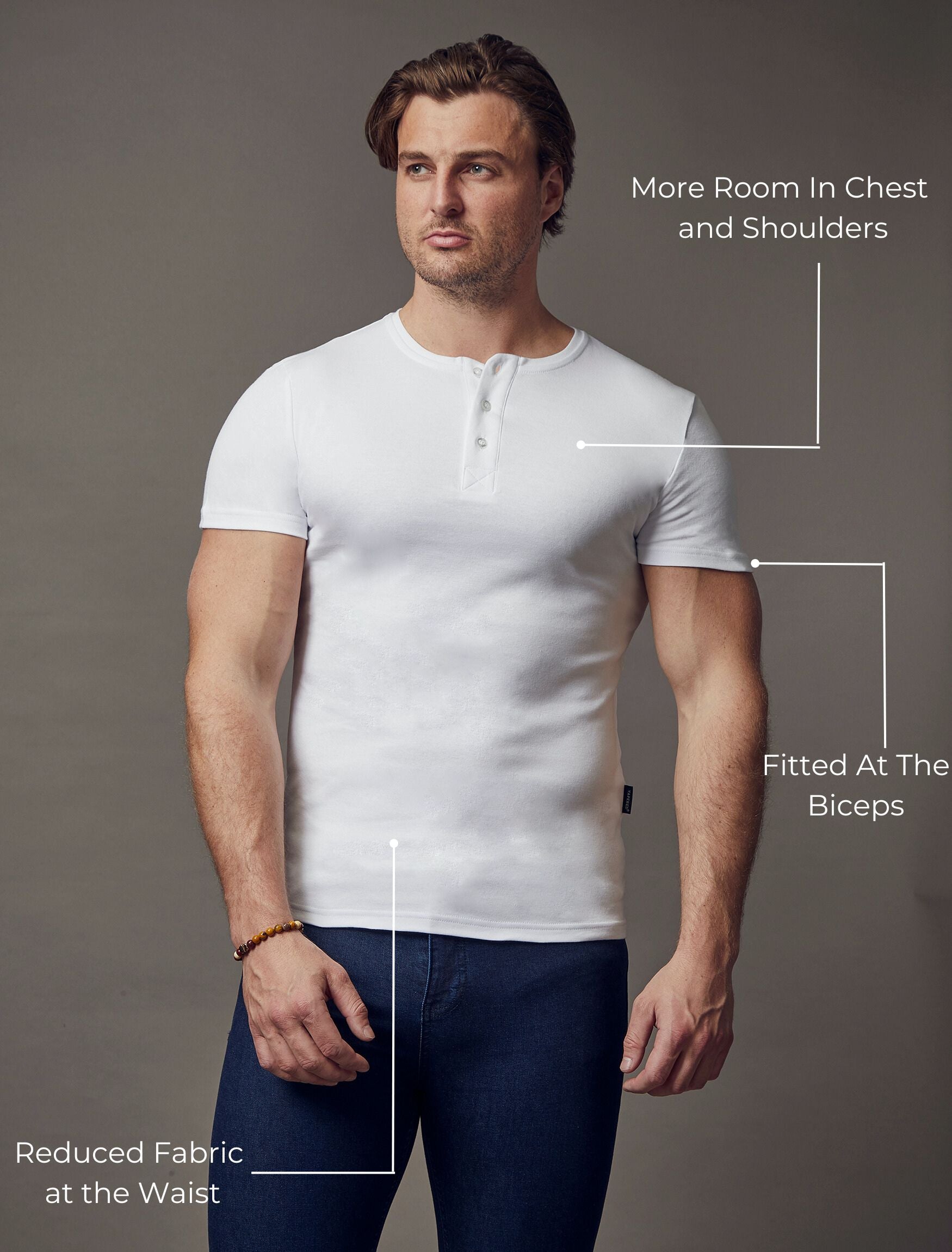 Tapered Menswear White Short Sleeve Tapered Fit Henley